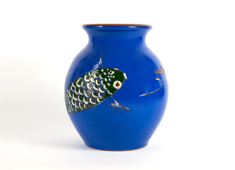 C H BRANNAM LTD, LITCHDON St - LARGE BLUE OVOID CARP FISH VASE No. 39 1879-1989