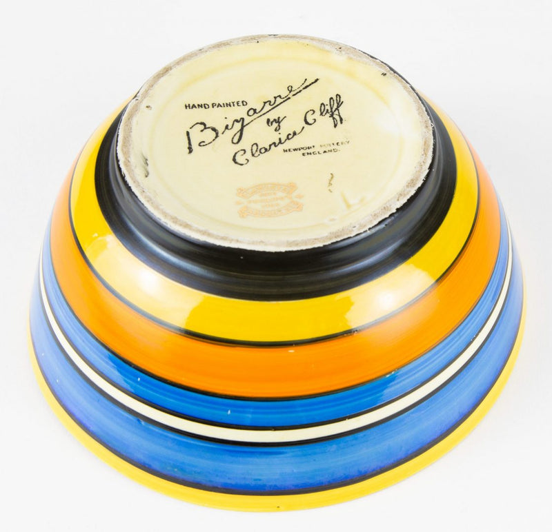 CLARICE CLIFF for LAWLEYS - ART DECO NEWPORT BIZARRE BANDED BLUE YELLOW BOWL DISH