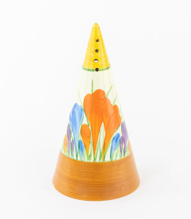 CLARICE CLIFF 'CROCUS' ART DECO BIZARRE CONICAL SUGAR SIFTER SHAKER, STAMPED