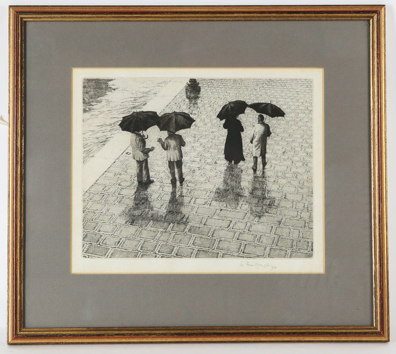 WILFRED FAIRCLOUGH, UMBRELLAS, ETCHING PRINT, SIGNED