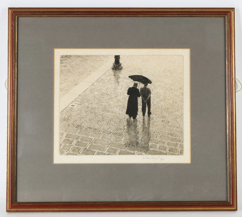 WILFRED FAIRCLOUGH 'TORCELLO, LUNCH' UMBRELLAS ETCHING PRINT, SIGNED