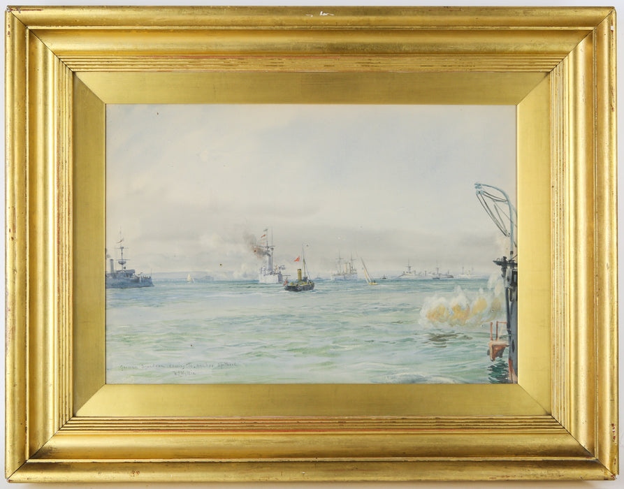 WILLIAM LIONEL WYLLIE, 'GERMAN SQUADRON COMING TO ANCHOR', WATERCOLOUR, SIGNED