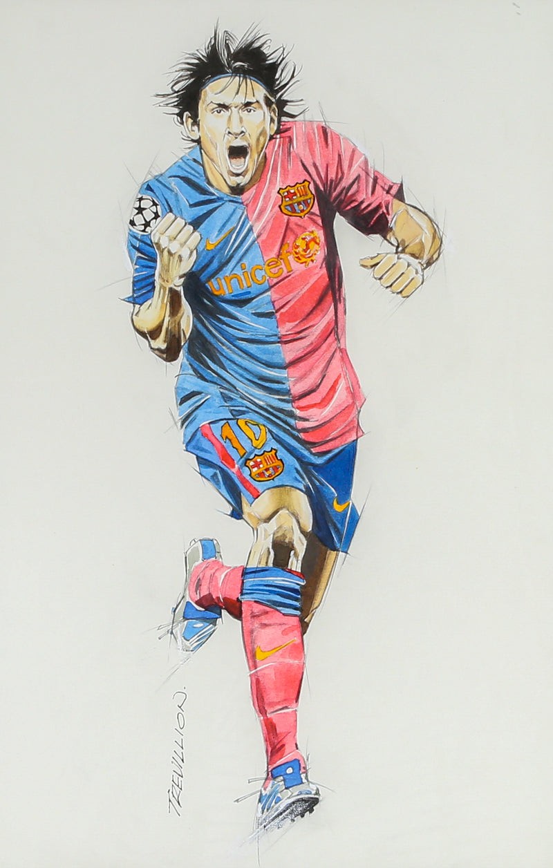 LIONEL MESSI - PAUL TREVILLION ORIGINAL PEN/INK BARCELONA ART & SIGNED CATALOGUE