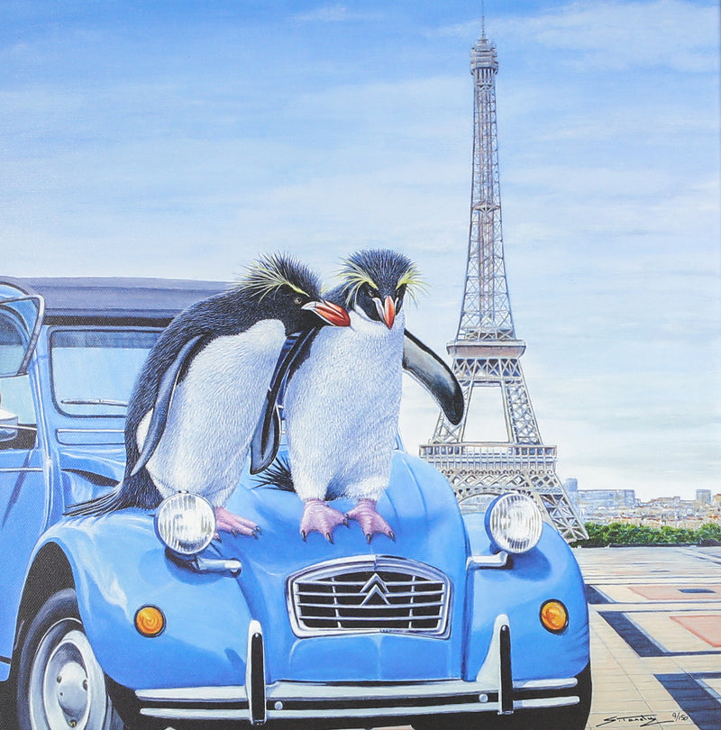 STEVE TANDY, 'LE GRAND TOUR', LIMITED EDITION PENGUINS CITROEN 2CV PARIS EIFFEL TOWER PRINT