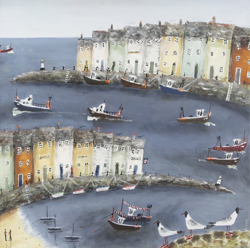 REBECCA LARDNER 'BUSY BAY' COASTAL SEASIDE HARBOUR ORIGINAL OIL PAINTING, SIGNED