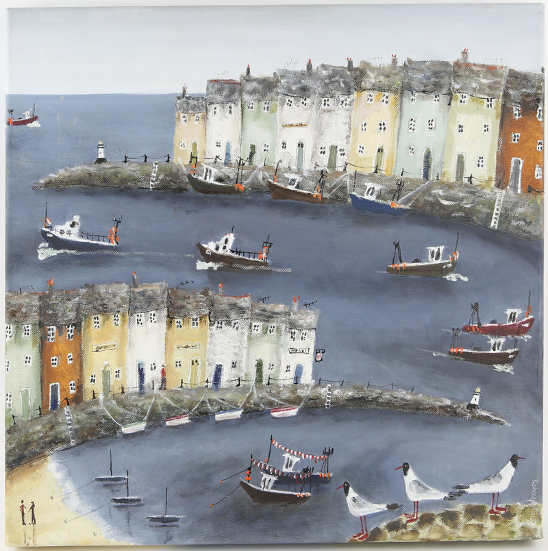 REBECCA LARDNER 'BUSY BAY' COASTAL SEASIDE HARBOUR ORIGINAL OIL PAINTING, SIGNED