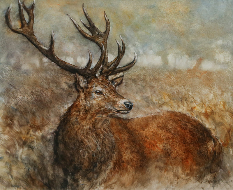GARY BENFIELD, 'FOREST STAG I', DEER STUDY, ORIGINAL OIL PAINTING, SIGNED