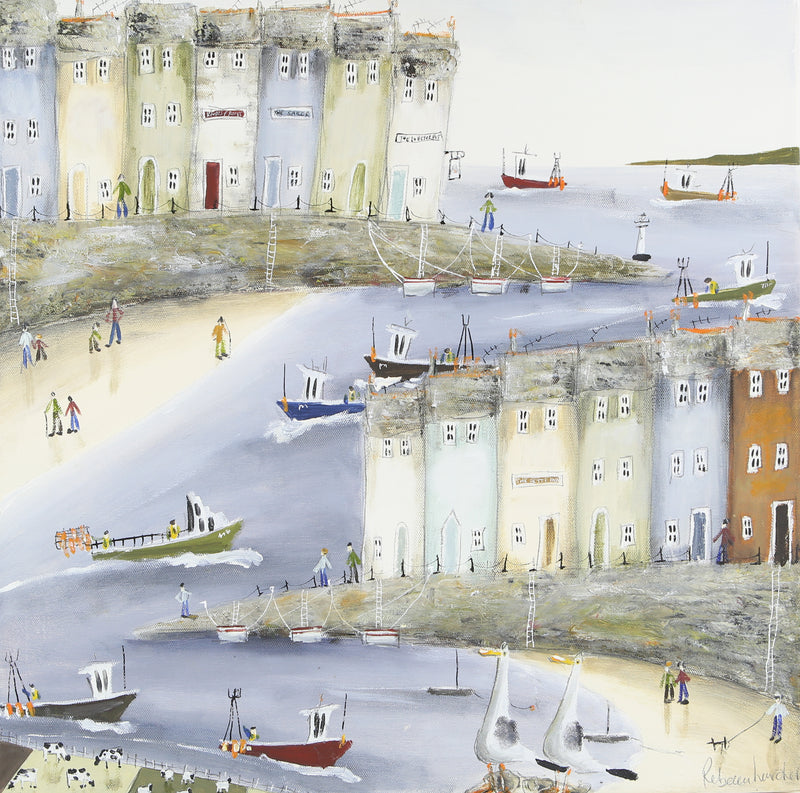 REBECCA LARDNER 'COCKLESHELLS' COASTAL SEASIDE HARBOUR BAY ORIGINAL OIL PAINTING