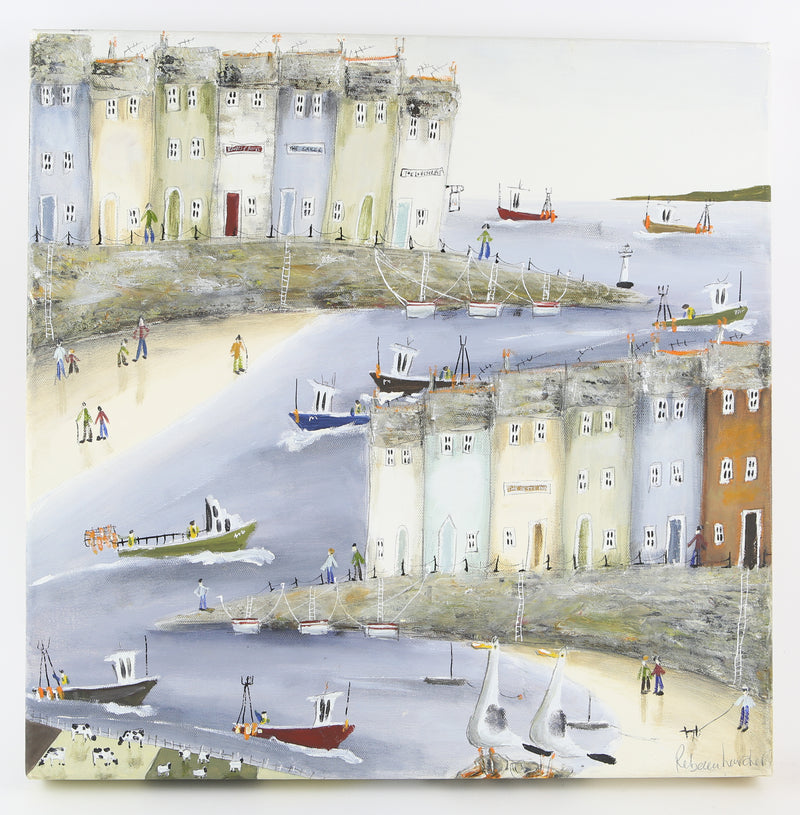 REBECCA LARDNER 'COCKLESHELLS' COASTAL SEASIDE HARBOUR BAY ORIGINAL OIL PAINTING