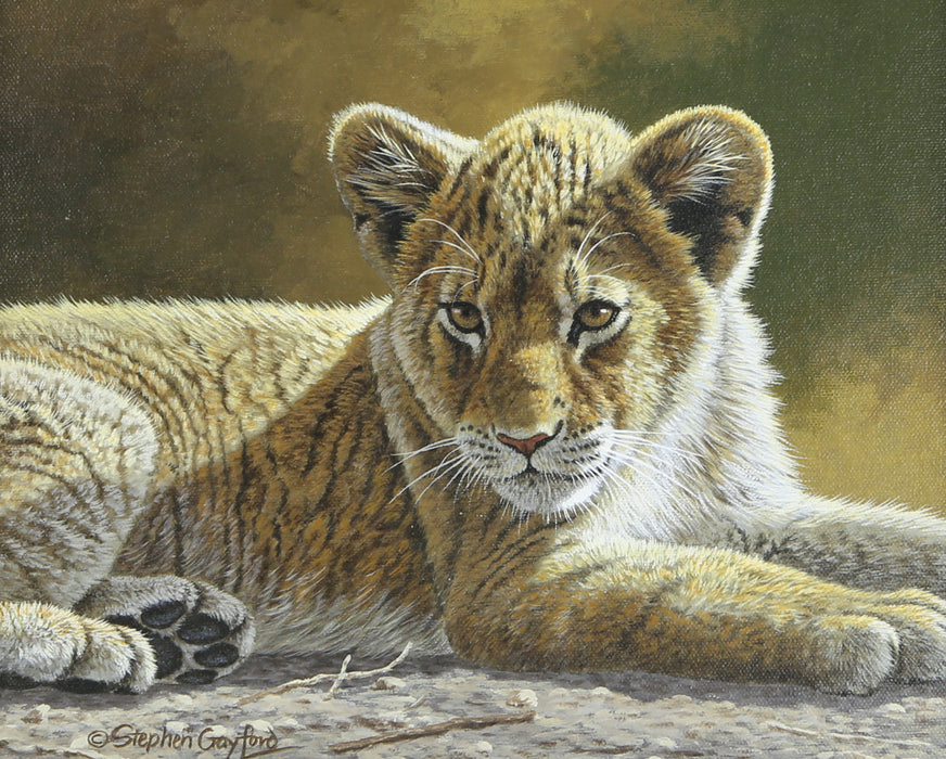 STEPHEN GAYFORD, 'LADY IN WAITING, LION CUB', ORIGINAL ACRYLIC PAINTING, SIGNED