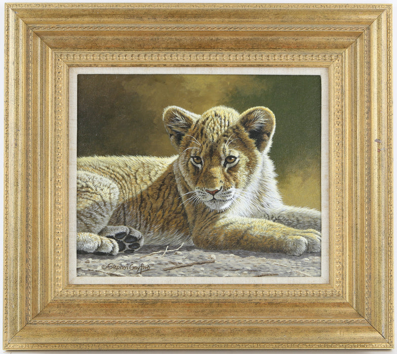 STEPHEN GAYFORD, 'LADY IN WAITING, LION CUB', ORIGINAL ACRYLIC PAINTING, SIGNED