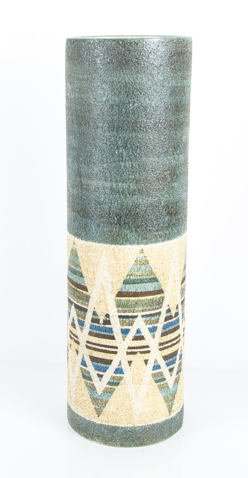ALISON BRIGDEN, TROIKA CORNWALL STUDIO ART POTTERY LARGE CYLINDER CHIMNEY VASE