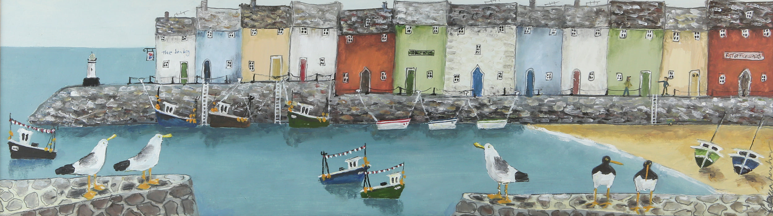 REBECCA LARDNER, 'HARBOUR HOUSES I', COASTAL SEASIDE BAY, ORIGINAL OIL PAINTING