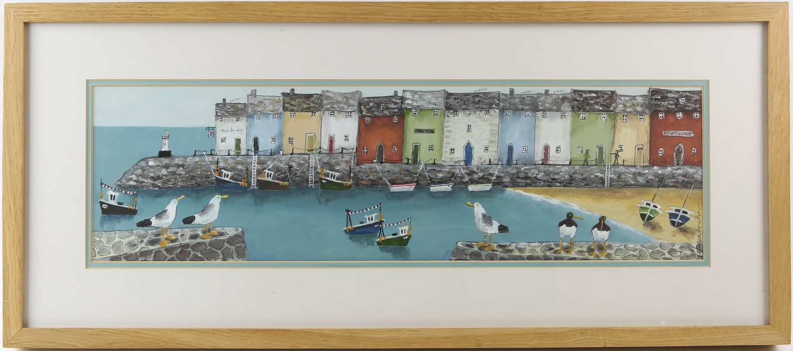 REBECCA LARDNER, 'HARBOUR HOUSES I', COASTAL SEASIDE BAY, ORIGINAL OIL PAINTING