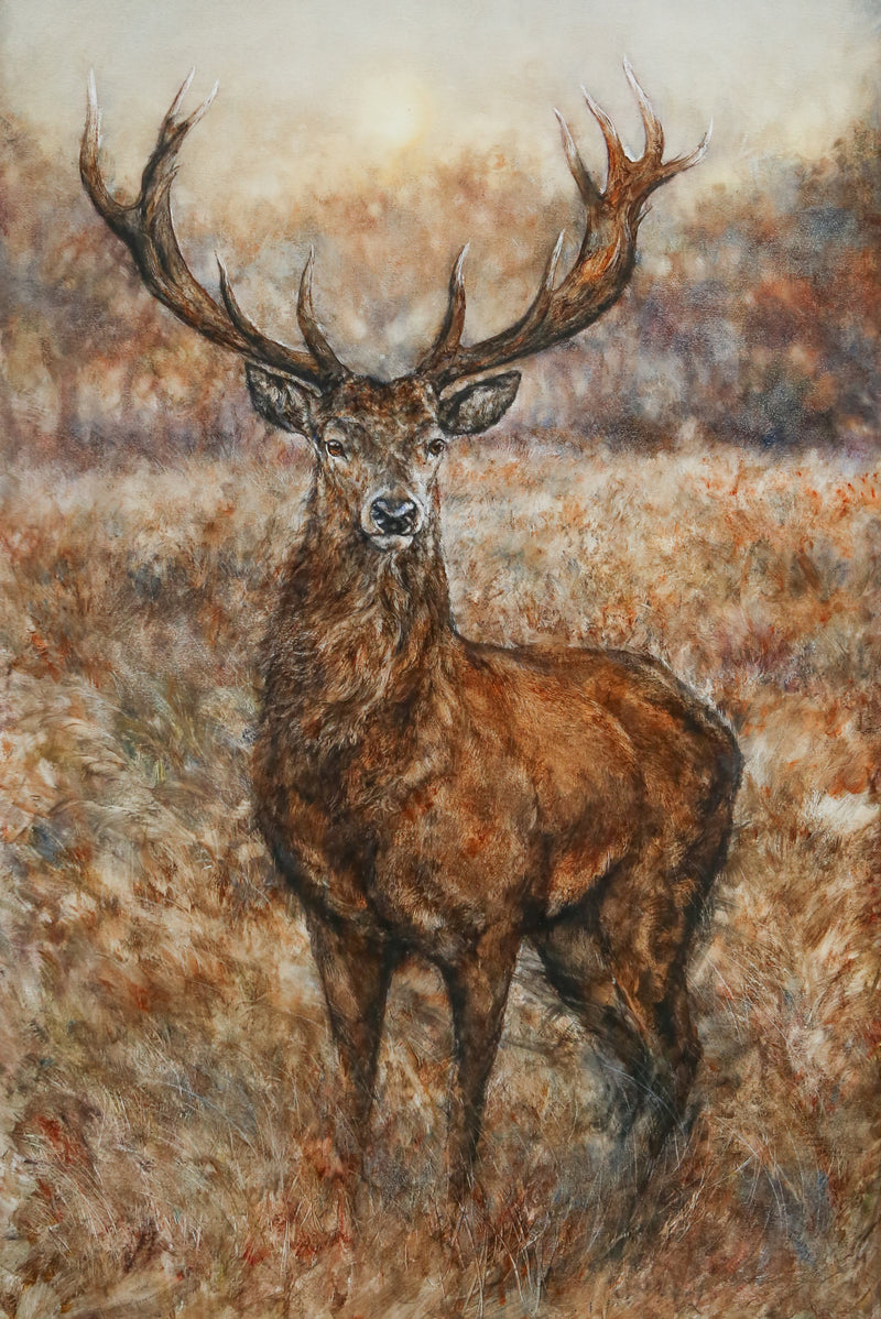 GARY BENFIELD 'FIRST LIGHT' LARGE STAG DEER STUDY, ORIGINAL OIL PAINTING, SIGNED