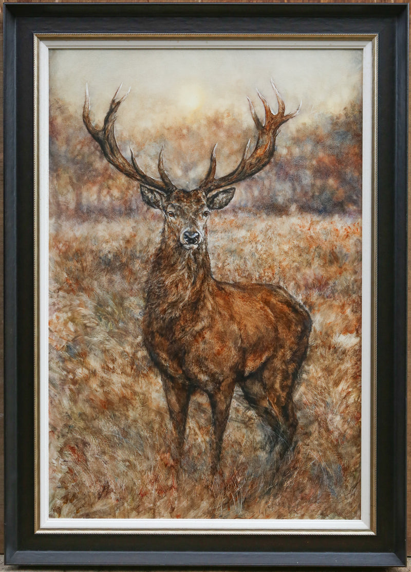 GARY BENFIELD 'FIRST LIGHT' LARGE STAG DEER STUDY, ORIGINAL OIL PAINTING, SIGNED