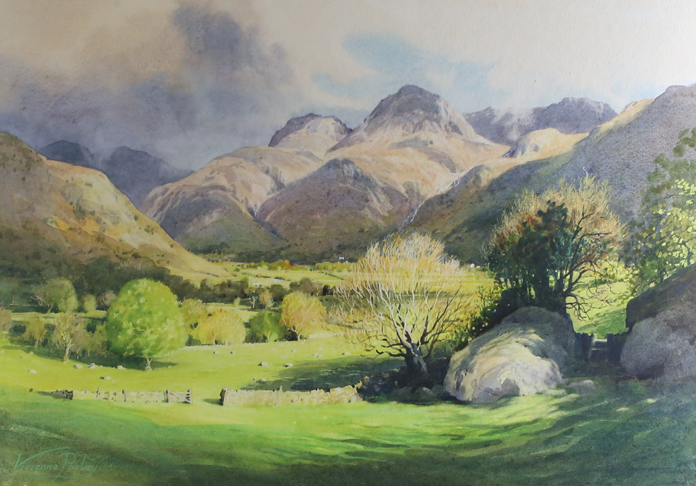 VIVIENNE POOLEY 'SPRING SUNSHINE IN LANGDALE' LARGE WATERCOLOUR PAINTING, SIGNED