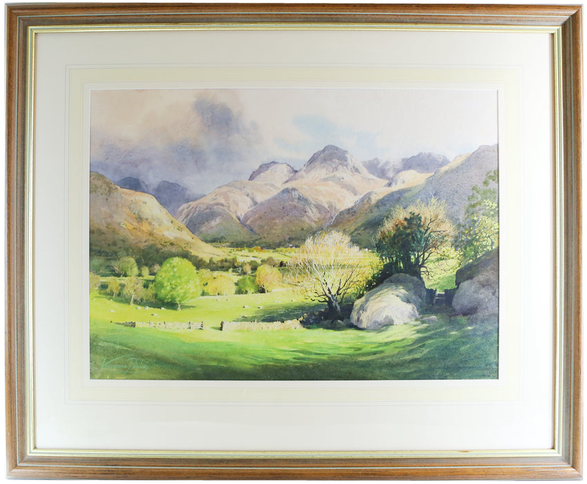 VIVIENNE POOLEY 'SPRING SUNSHINE IN LANGDALE' LARGE WATERCOLOUR PAINTING, SIGNED