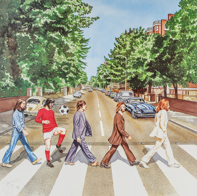 STEWART BECKETT 'EL BEATLE' ABBEY ROAD LIMITED EDITION PRINT, GEORGE BEST SIGNED