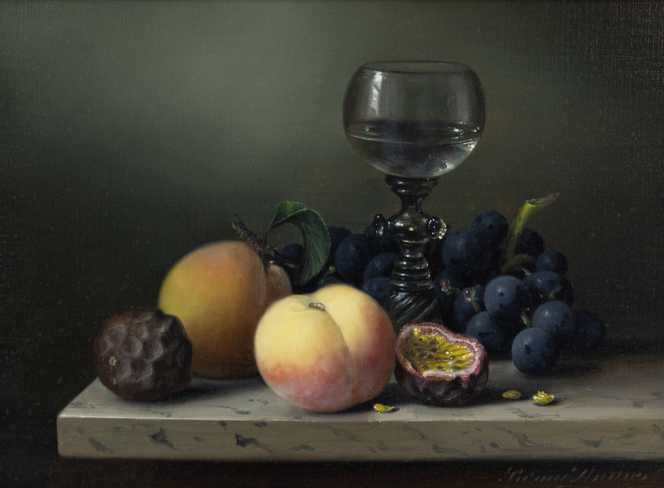 BRIAN DAVIES, STILL LIFE WITH WINE GLASS & FRUIT, ORIGINAL OIL PAINTING, SIGNED