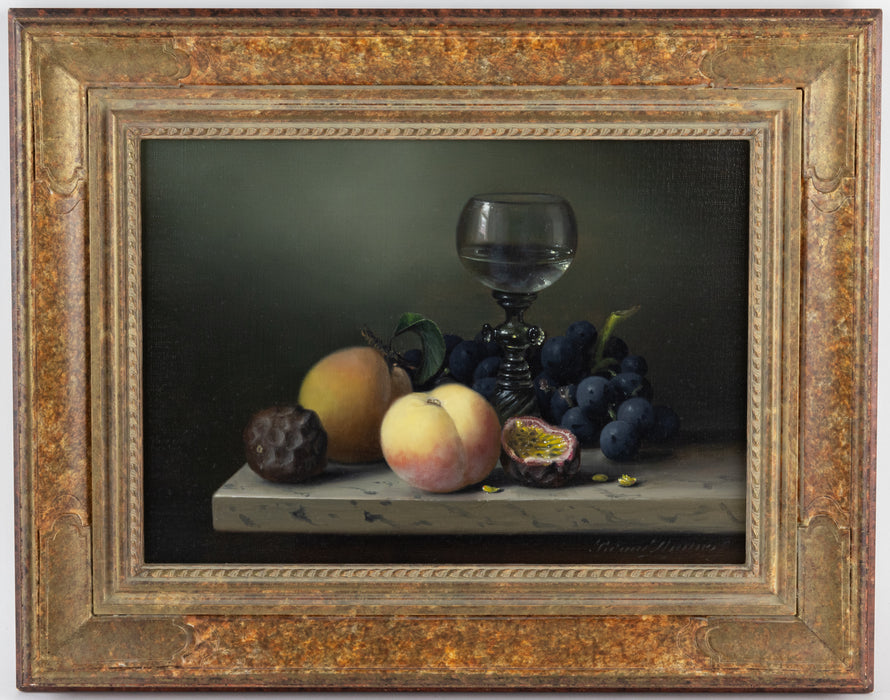 BRIAN DAVIES, STILL LIFE WITH WINE GLASS & FRUIT, ORIGINAL OIL PAINTING, SIGNED