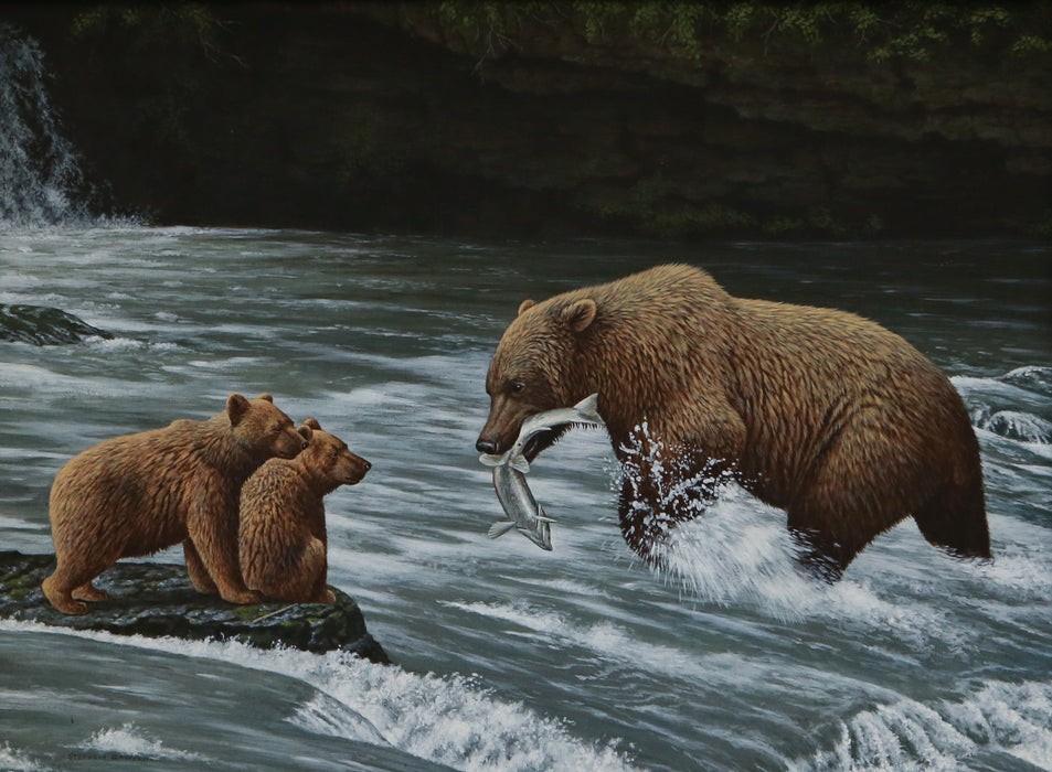 STEPHEN GAYFORD, BROWN BEARS FISHING FOR SALMON, LARGE ACRYLIC PAINTING, SIGNED