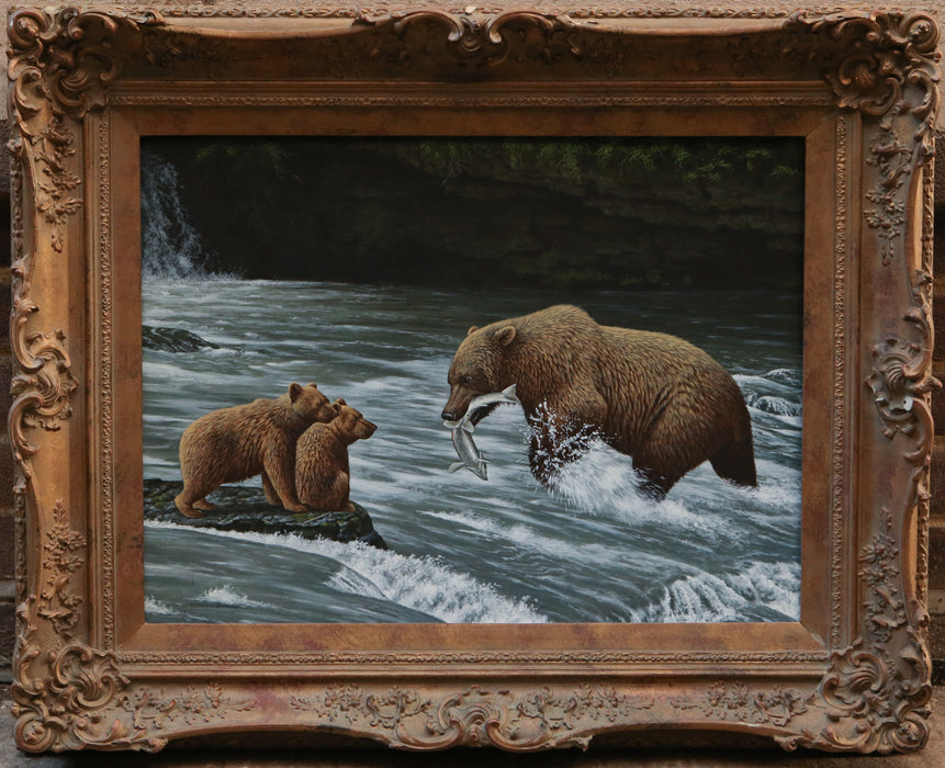 STEPHEN GAYFORD, BROWN BEARS FISHING FOR SALMON, LARGE ACRYLIC PAINTING, SIGNED