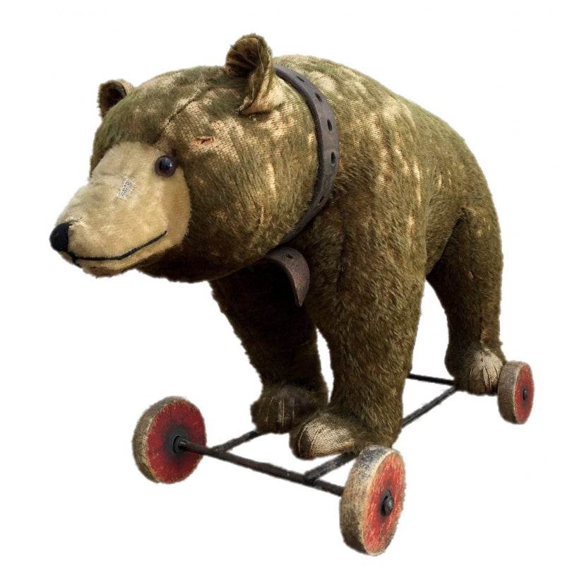 PRE-WAR STEIFF STRAW FILLED BROWN MOHAIR GROWLING GRIZZLY BEAR ON WHEELS