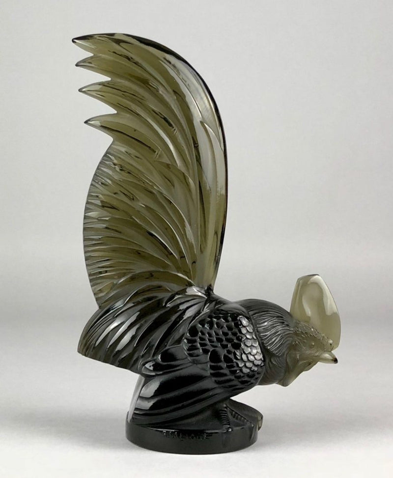 R LALIQUE, FRANCE 'COQ NAIN' COCKEREL ROOSTER TOPAZ GLASS CAR MASCOT FIGURE 1135