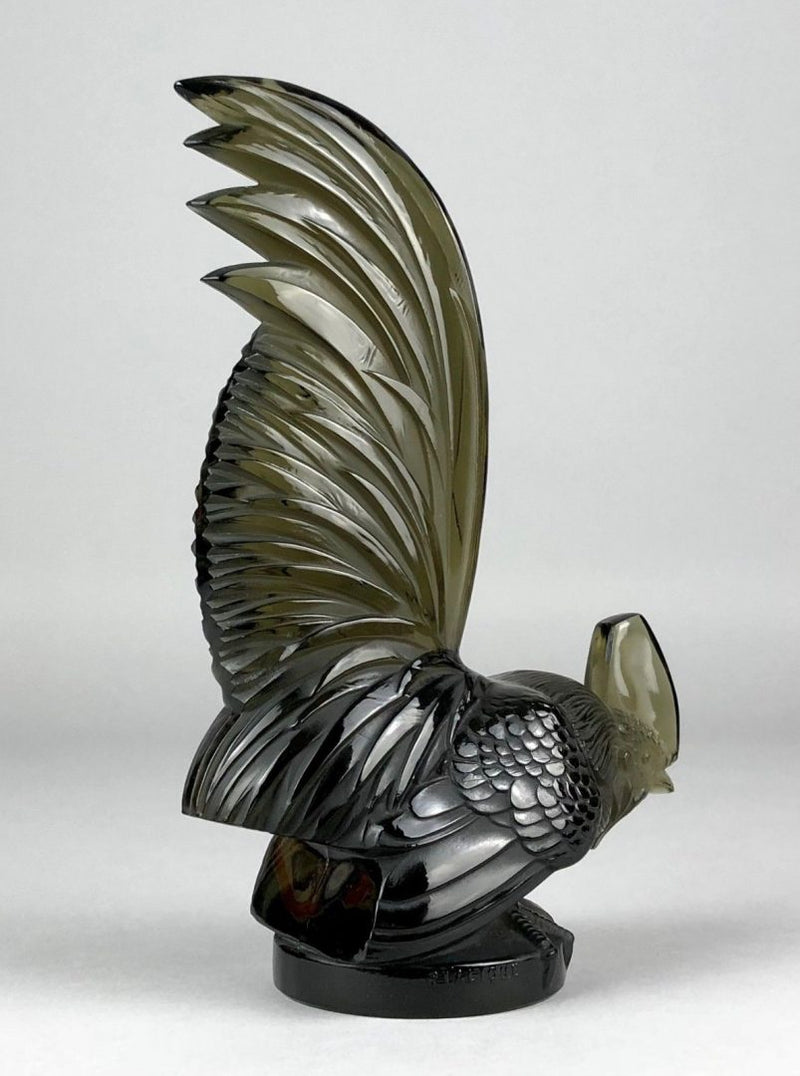 R LALIQUE, FRANCE 'COQ NAIN' COCKEREL ROOSTER TOPAZ GLASS CAR MASCOT FIGURE 1135