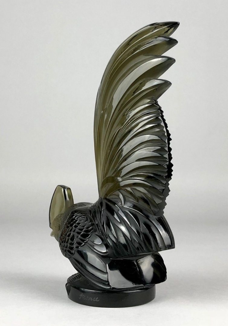 R LALIQUE, FRANCE 'COQ NAIN' COCKEREL ROOSTER TOPAZ GLASS CAR MASCOT FIGURE 1135