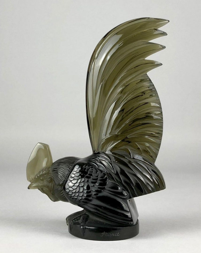 R LALIQUE, FRANCE 'COQ NAIN' COCKEREL ROOSTER TOPAZ GLASS CAR MASCOT FIGURE 1135