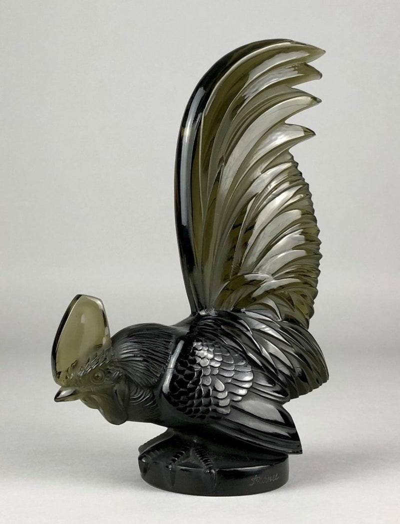 R LALIQUE, FRANCE 'COQ NAIN' COCKEREL ROOSTER TOPAZ GLASS CAR MASCOT FIGURE 1135