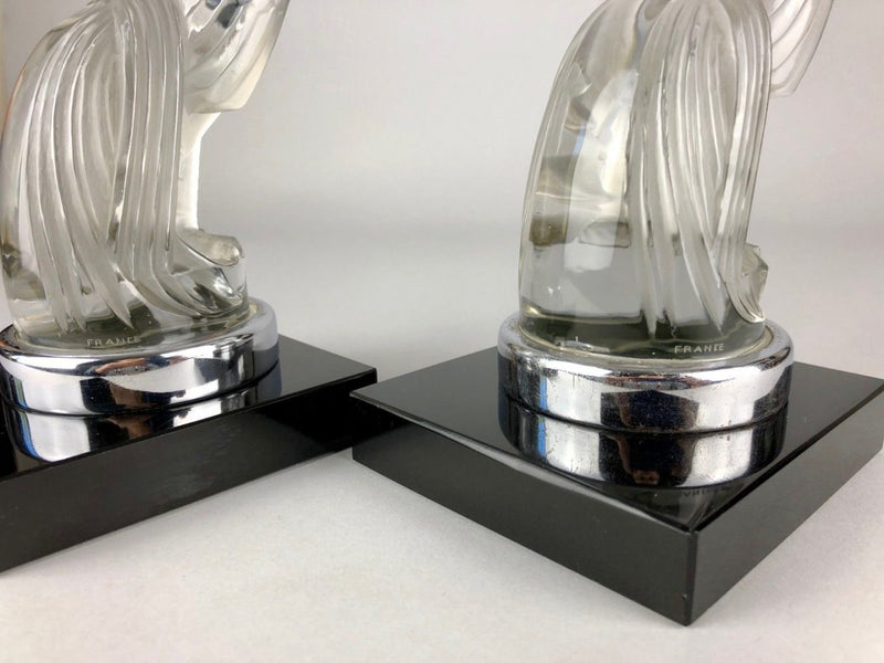 R LALIQUE, FRANCE 'SERRE LIVRES COQ HOUDAN' GLASS COCKEREL MASCOT BOOKENDS No. 1161