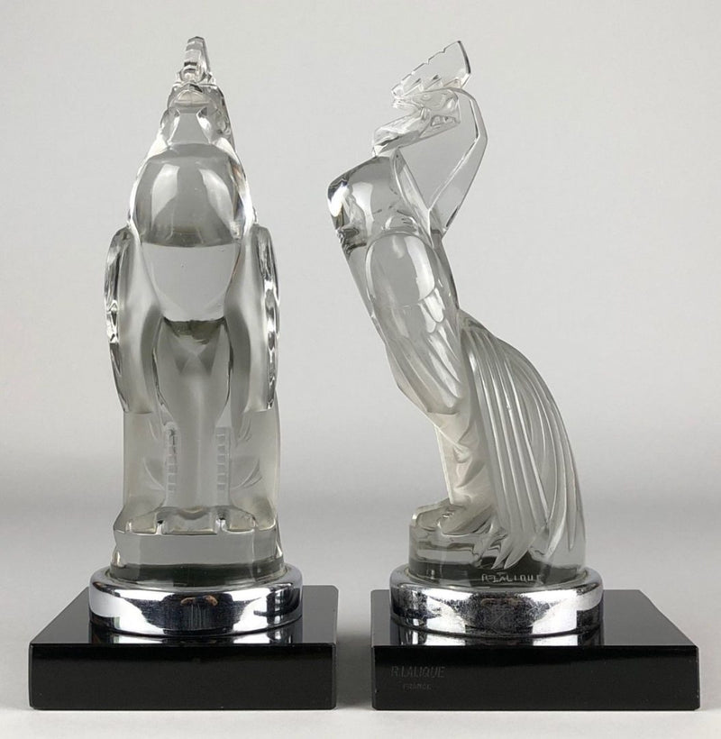 R LALIQUE, FRANCE 'SERRE LIVRES COQ HOUDAN' GLASS COCKEREL MASCOT BOOKENDS No. 1161