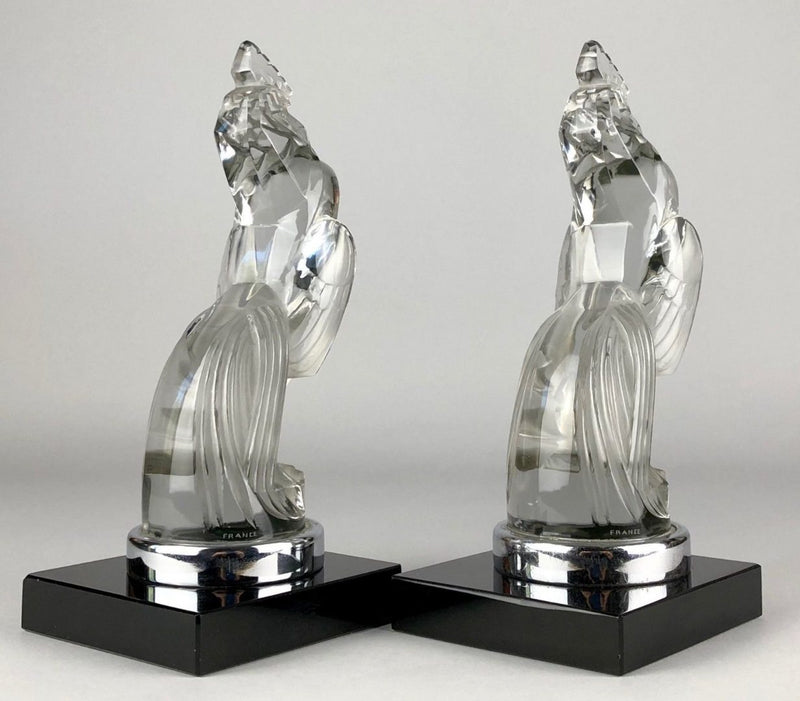 R LALIQUE, FRANCE 'SERRE LIVRES COQ HOUDAN' GLASS COCKEREL MASCOT BOOKENDS No. 1161