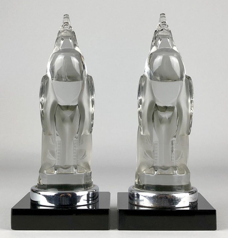 R LALIQUE, FRANCE 'SERRE LIVRES COQ HOUDAN' GLASS COCKEREL MASCOT BOOKENDS No. 1161