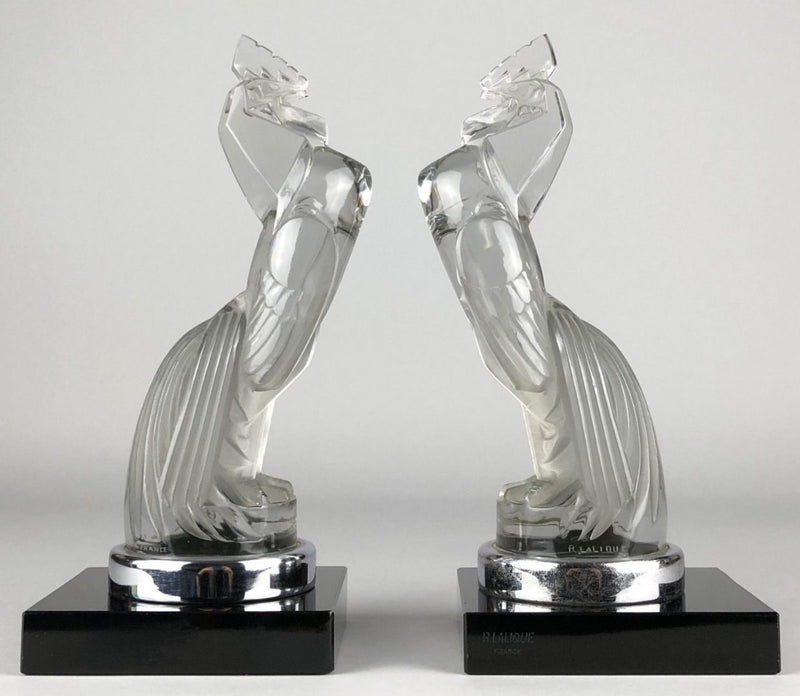 R LALIQUE, FRANCE 'SERRE LIVRES COQ HOUDAN' GLASS COCKEREL MASCOT BOOKENDS No. 1161