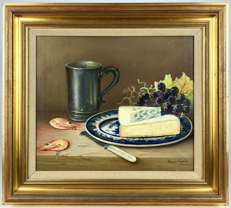 RAYMOND CAMPBELL - PRAWNS, CHEESE &amp; GRAPES, STILL LIFE OIL ON BOARD, SIGNED