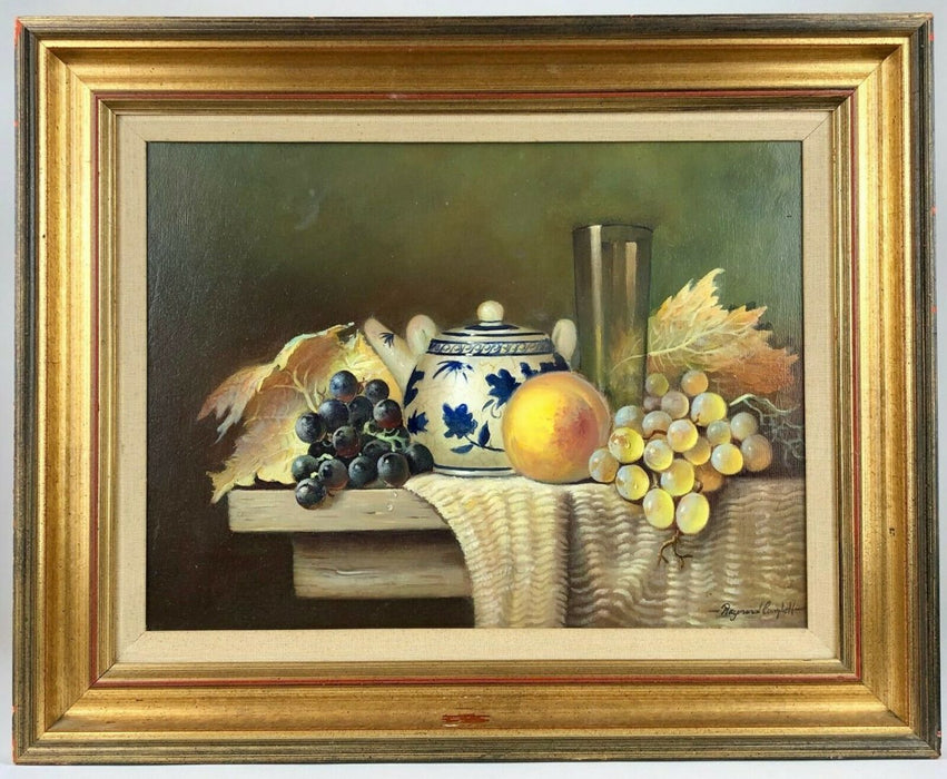 RAYMOND CAMPBELL (BRITISH, b.1956) -TEAPOT &amp; FRUIT- STILL LIFE PAINTING, OIL ON BOARD, SIGNED