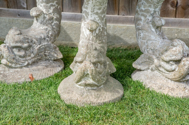 RECONSTITUTED STONE DEMI-LUNE GARDEN SEAT BENCH ON DOLPHIN ORNAMENTAL SUPPORTS