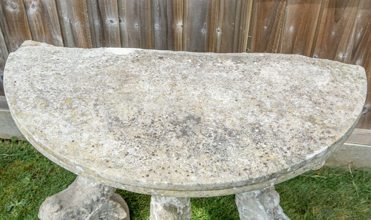 RECONSTITUTED STONE DEMI-LUNE GARDEN SEAT BENCH ON DOLPHIN ORNAMENTAL SUPPORTS