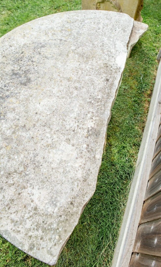 RECONSTITUTED STONE DEMI-LUNE GARDEN SEAT BENCH ON DOLPHIN ORNAMENTAL SUPPORTS
