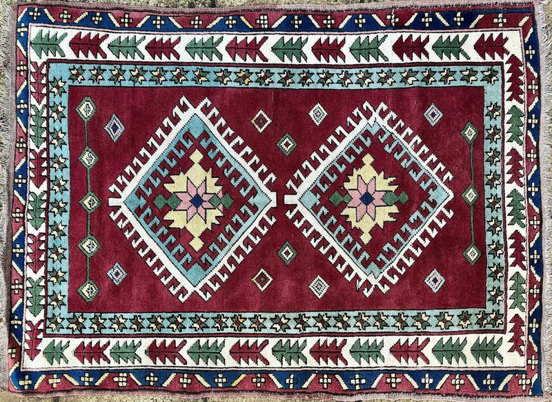 RED GROUND TURKISH RUG CARPET GEOMETRIC AZTEC LEAF BORDERS, MEDALLIONS 160x120cm