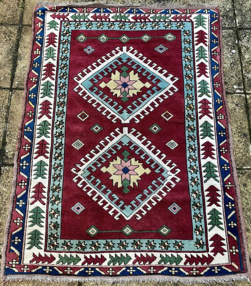 RED GROUND TURKISH RUG CARPET GEOMETRIC AZTEC LEAF BORDERS, MEDALLIONS 160x120cm