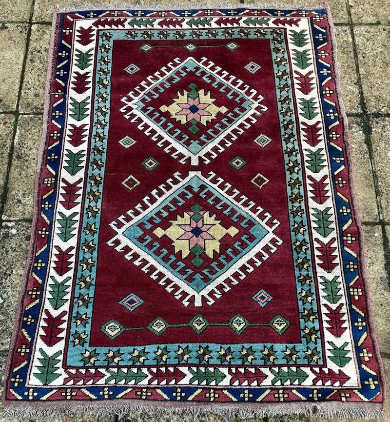 RED GROUND TURKISH RUG CARPET GEOMETRIC AZTEC LEAF BORDERS, MEDALLIONS 160x120cm