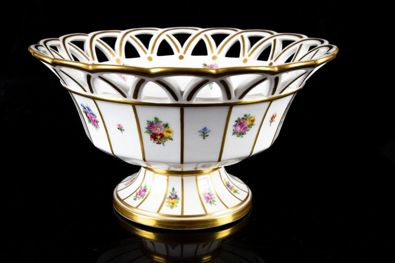 ROYAL COPENHAGEN -HENRIETTE- LARGE PAINTED FLORAL GILT PIERCED FRUIT BOWL 8592