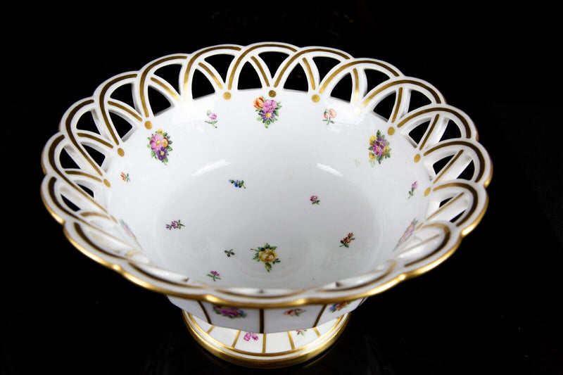 ROYAL COPENHAGEN -HENRIETTE- LARGE PAINTED FLORAL GILT PIERCED FRUIT BOWL 8592