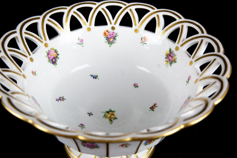 ROYAL COPENHAGEN -HENRIETTE- LARGE PAINTED FLORAL GILT PIERCED FRUIT BOWL 8592