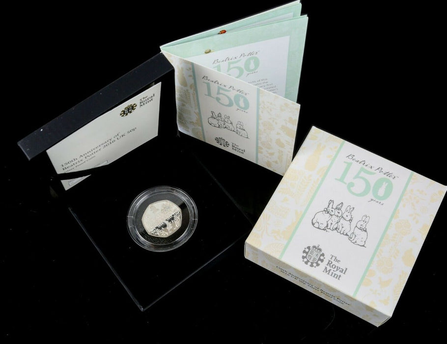 ROYAL MINT -150TH ANNIVERSARY OF BEATRIX POTTER- 2016 SILVER PROOF 50p COIN, BOX